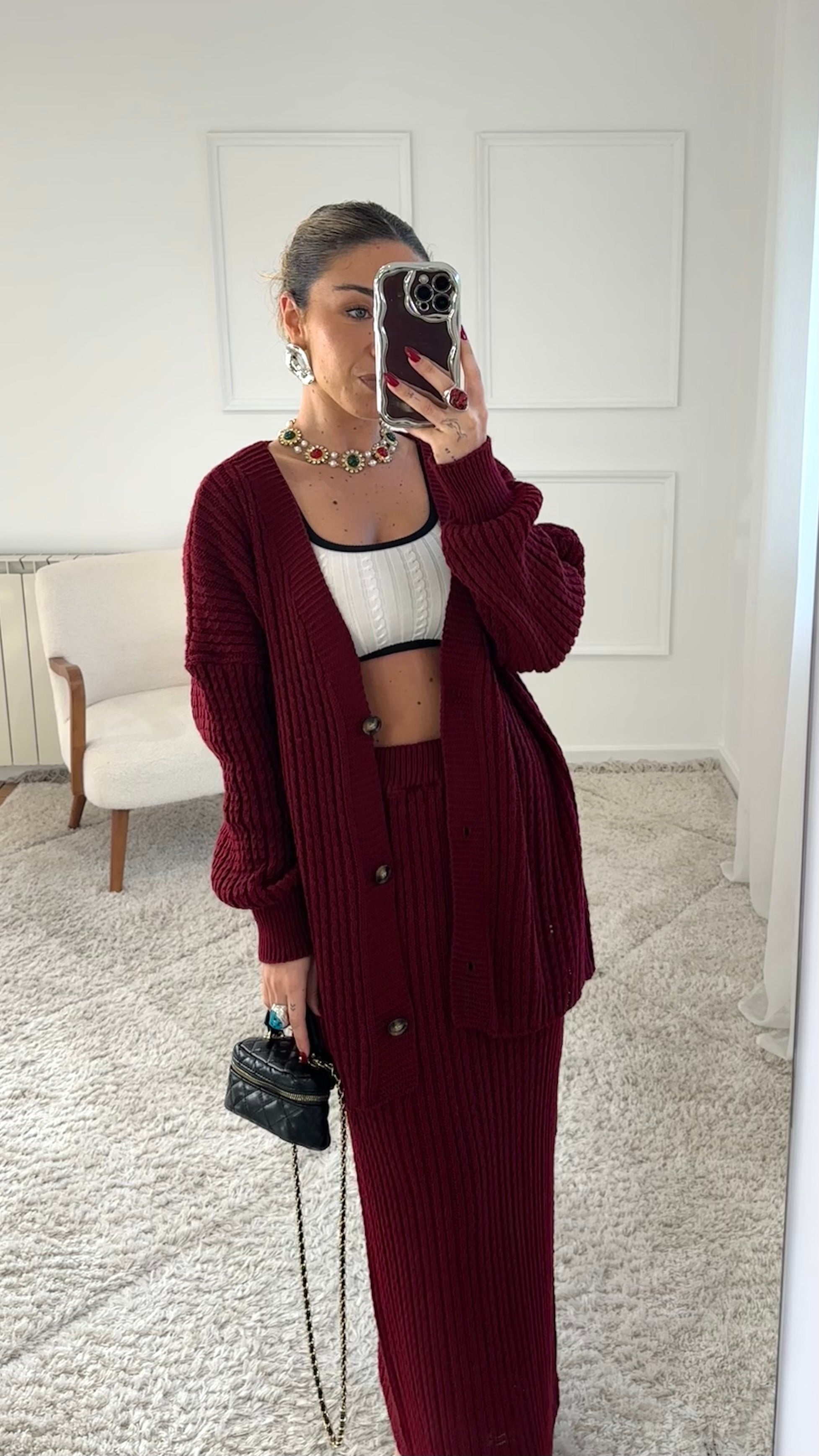 Conjunto Malha Saia Bordeaux