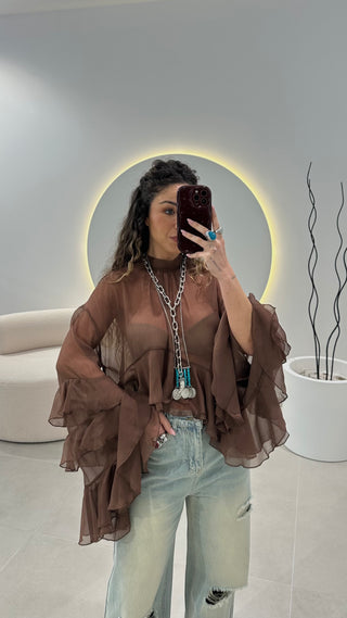 Blusa Castanha Folhos