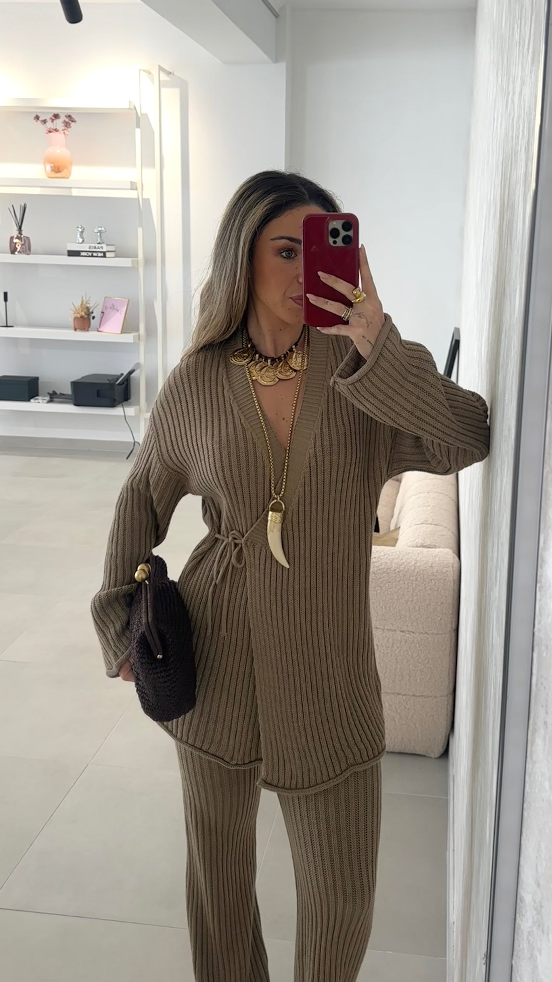 Camel Cardigan and Trousers Set