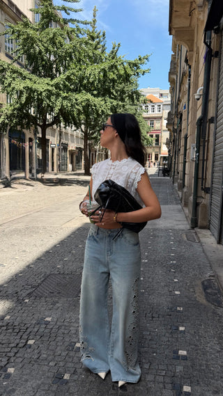 Embroidered Wide Leg Jeans