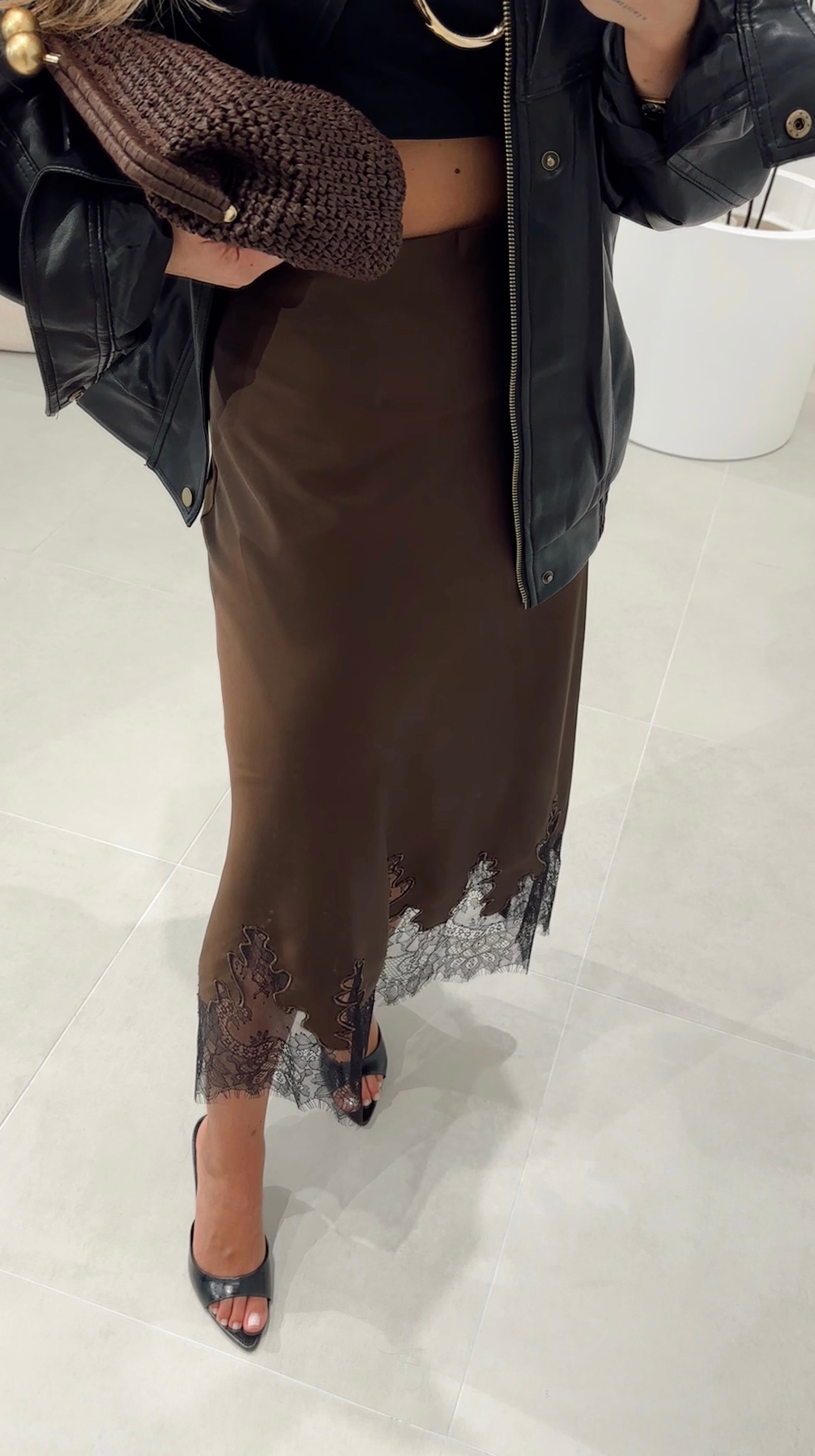 Brown Midi Skirt with Lace