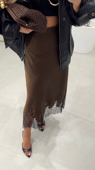 Brown Midi Skirt with Lace