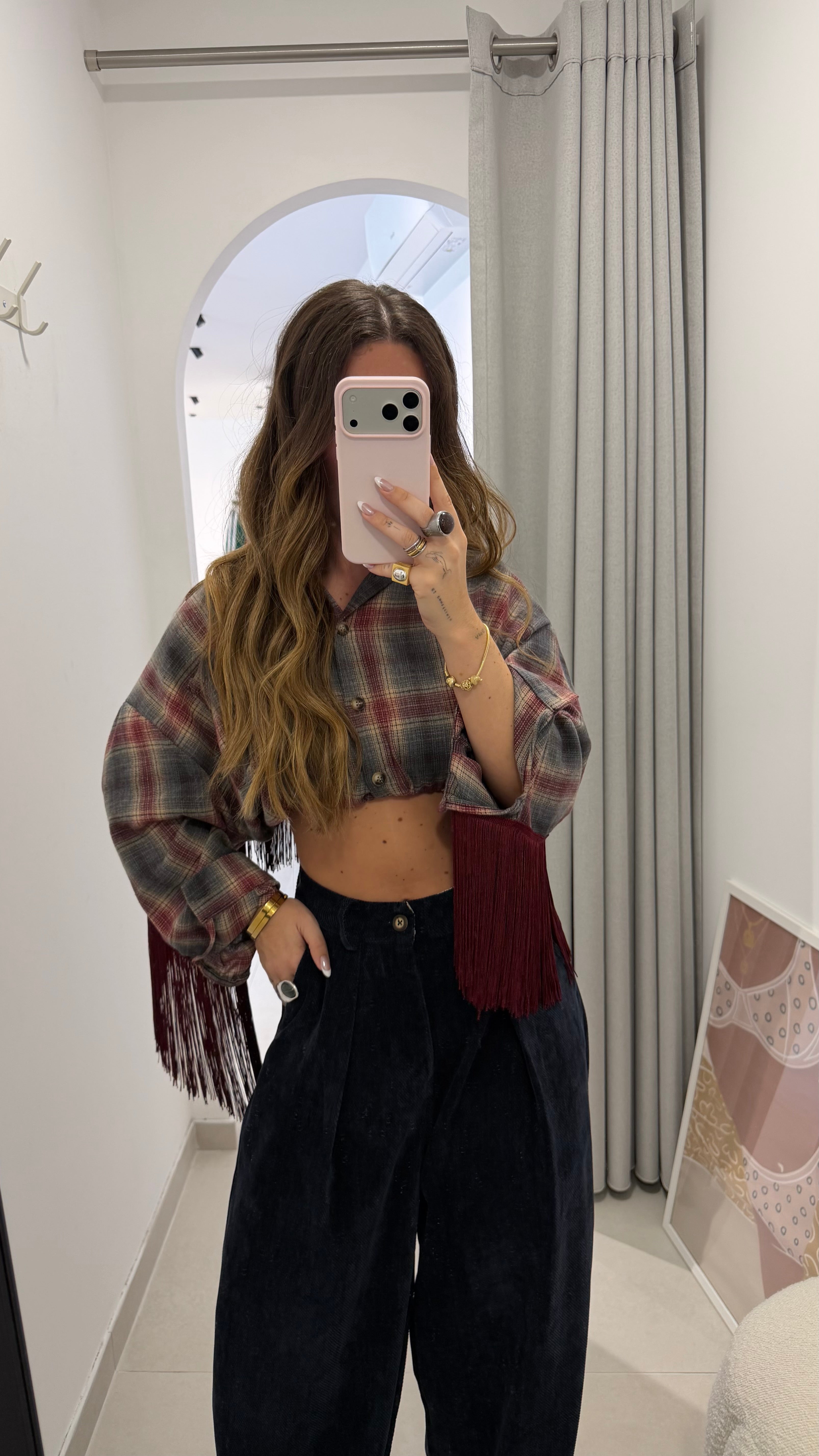 Bordeaux Plaid Fringed Shirt