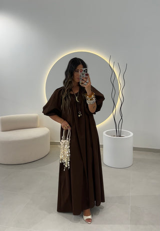 Brown Balloon-Sleeves Dress