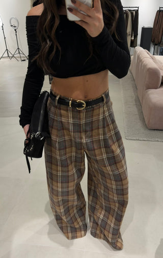 Beige Plaid Classic Trousers