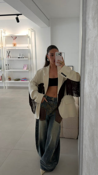 Cream Fringe Blazer Lumina