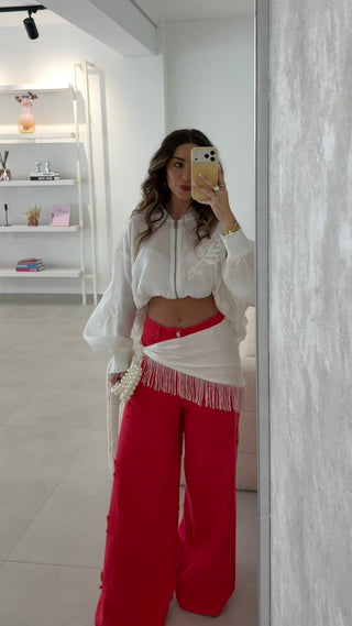 Red Embroidered Jeans Lumina