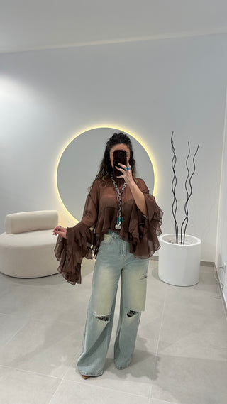 Blusa Castanha Folhos