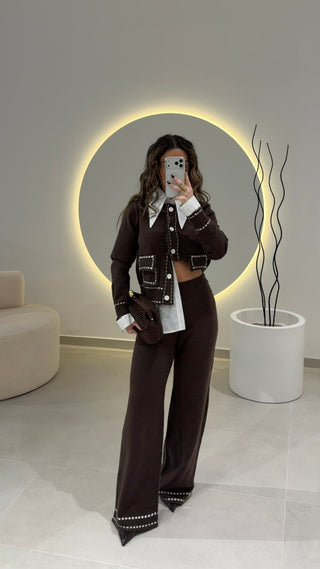 Brown Knit Cardigan Set