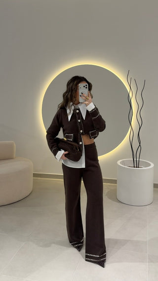 Brown Knit Cardigan Set