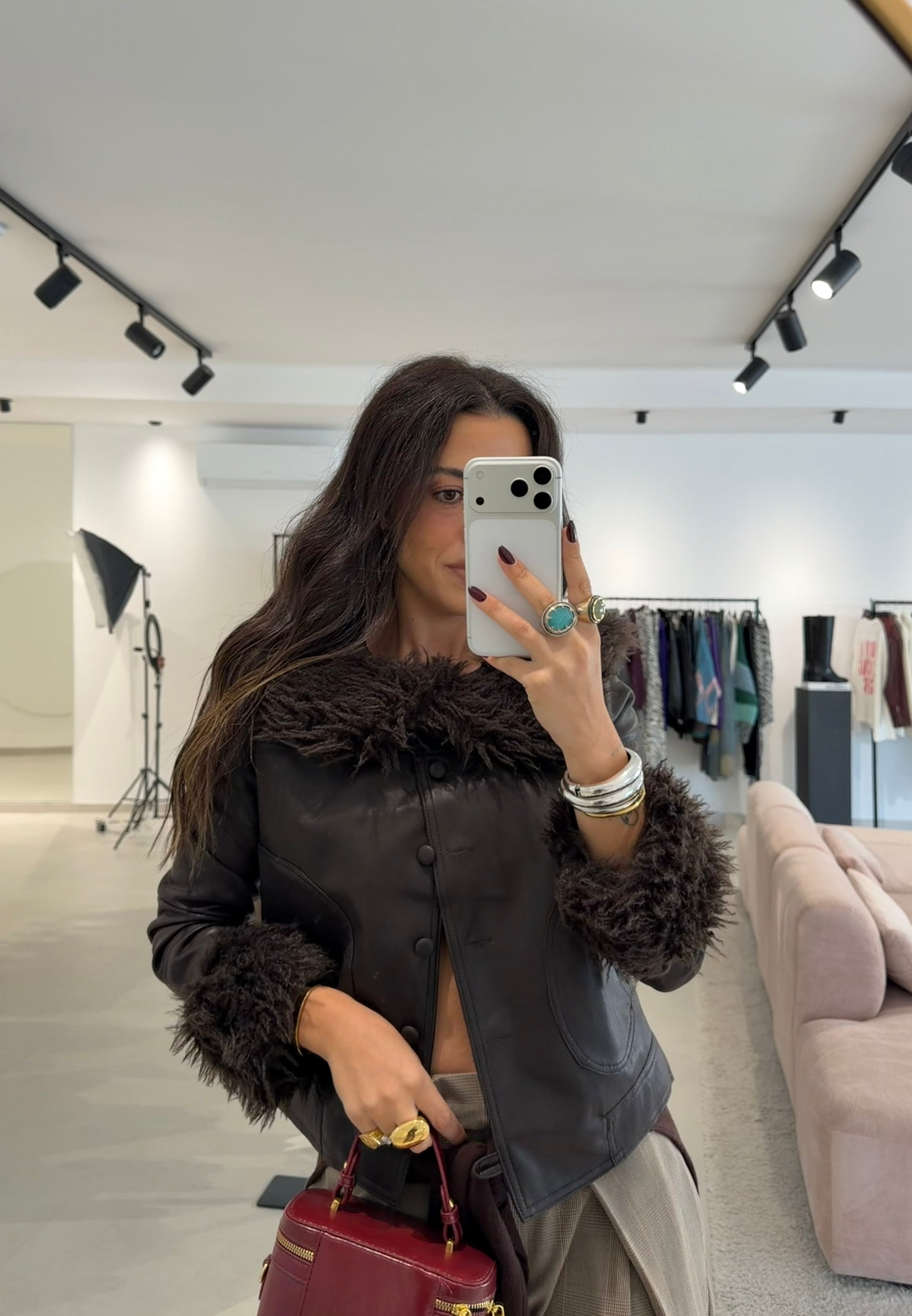 Brown Faux Fur-Trimmed Jacket