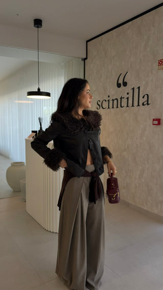 Brown Faux Fur-Trimmed Jacket